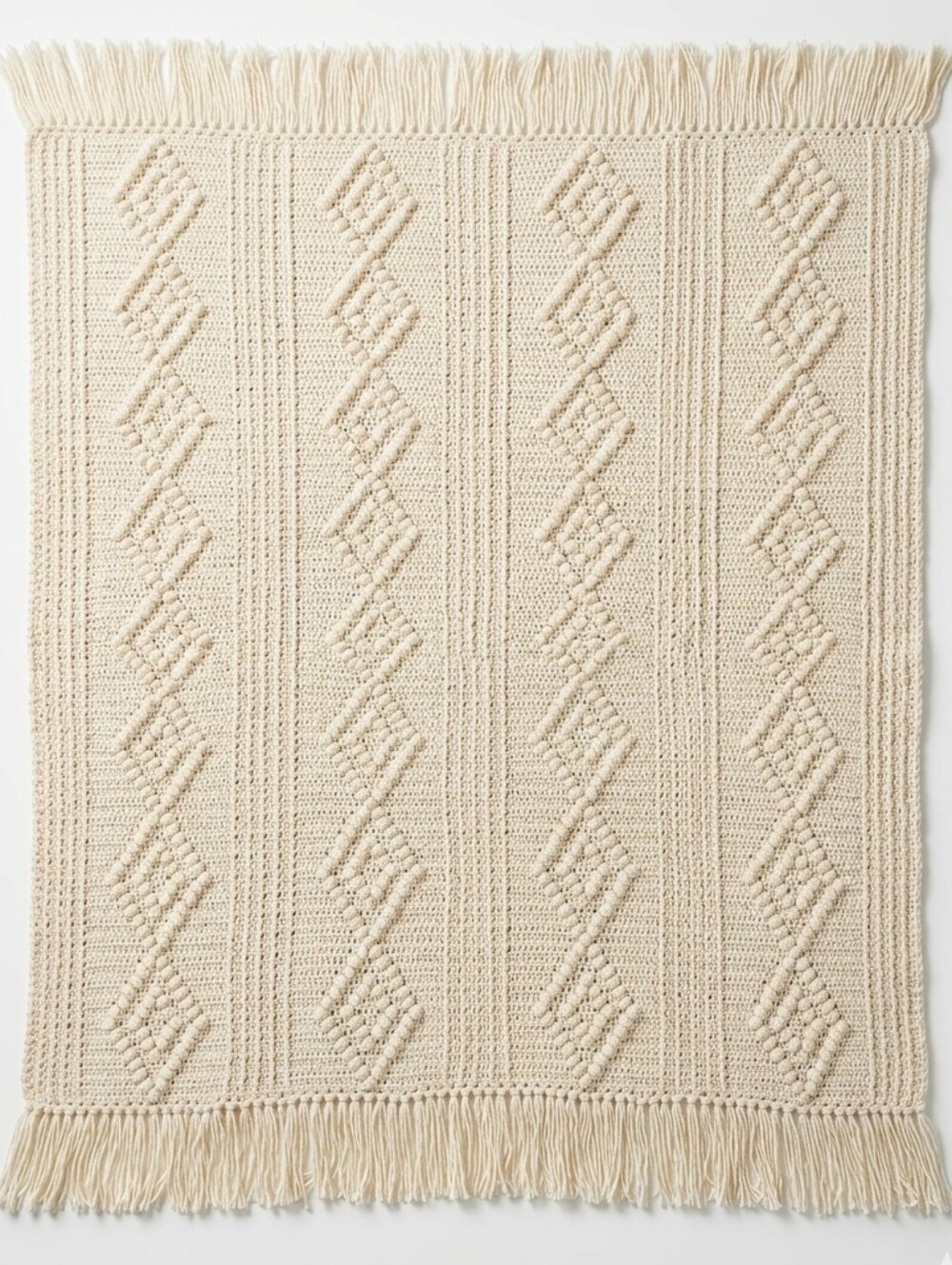 Vintage Large Cream Crochet Afghan Blanket 6'x5' Boho Diamond Popcorn Stitch